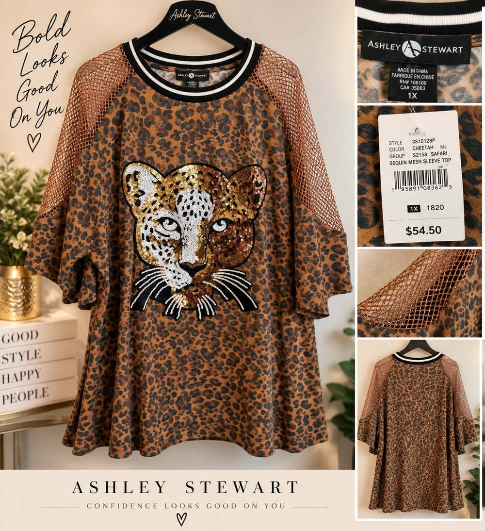 Ashley Stewart Brown Leopard Print Sequin Cat Graphic Mesh Sleeve T-Shirt - NWT